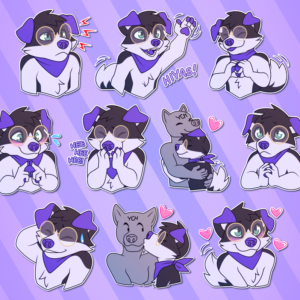 a collection of small illustrations featuring a dog and portraying various actions and emotions: grumpiness; waving and saying "hiyas!"; making a heart with their paws; looking down nervously; giggling into their paws; hugging another, taller character; making sad "puppy" eyes; sweating nervously and scratching their head; kissing a taller character on the cheek; and blushing while wagging their tail