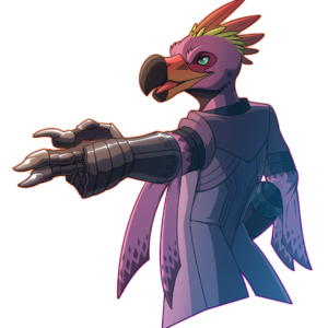 A halfbody vector illustration of an anthropomorphic bird in medium armor, pointing ahead with two fingers