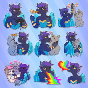 a collection of small illustrations featuring an anthropomorphic dragon: gaming, blowing into a party noisemaker, high-fiving another character, booping another character on the nose, kissing another character, hugging a character, cuddling a character with the help of his anthro dog husband, angrily breathing rainbow fire, and happily breathing a rainbow heart-shaped fireball