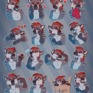 a collection of small illustrations featuring an anthropomorphic hyena conveying a multitude of emotions and actions: sticking out his tongue; blushing with hearts around him; blushing with a flirty expression; blushing while holding a pair of boxers in his mouth; slumped over sleeping; sadly wiping away a tear; making sad "puppy" eyes; yelling with fists raised; smiling and waving; thinking hard, surrounded by question marks; flexing his biceps; laughing; pointing gunny fingers at his temple with a "done" expression; looking alarmed; hiding in a cardboard box; and crossing his arms triumphantly
