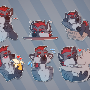 a collection of small illustrations featuring an anthropomorphic hyena showing the following actions and emotions: looking innocent with a halo; squinting suspiciously; peeking over a surface; sitting in a box with "best yeen" written on it; blushing and looking embarrassed; blushing saying "huff"; seductively eating a banana; sweating and looking around panicked; making out with another character; and petting another character on the head
