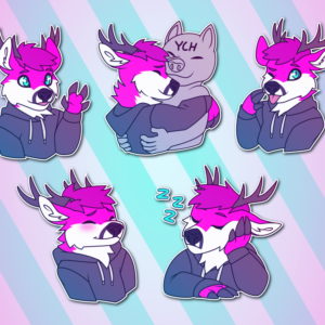 A collection of small portraits of an anthropomorphic deer wearing a hoodie. They are waving, hugging another character, winking with their tongue out, blushing while grinning, and dozing off.