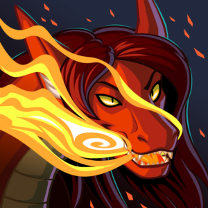 A vector portrait of a red dragon with flames pouring from the sides of her mouth