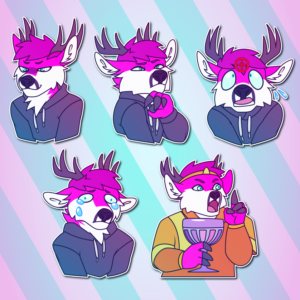 A collection of small portraits of an anthropomorphic deer wearing a hoodie. They are looking sinister; thinking with a doubtful expression; panicking as a crosshair aims at them; ugly-crying; and shouting while holding a fancy goblet, in the style of the "MY BOY" CD-i Zelda meme