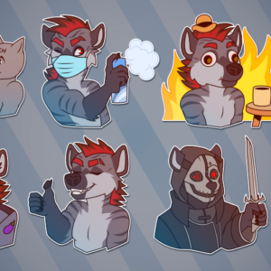 a collection of small illustrations featuring an anthro hyena. in them, he high-fives another character; sprays disinfectant into the air while wearing a mask; sits at a table with a cup of coffee as flames rise in the background, referencing the "this is fine" meme; holds up a large sign saying "lewd"; wears a police uniform while holding handcuffs and threatening "horny jail"; gives up a thumbs up while smiling confidently; holds up a sword while dressed as Corvo from the game Dishonored; and excitedly holds a jackolantern.