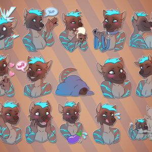 A collection of small portraits of an anthropomorphic otter/hyena hybrid: being struck by lightning; waving and saying "'sup"; suggestively eating ice cream; beckoning while wearing a leash; licking another character; blushing while making sexual hand gestures; blushing and saying "huff"; hiding under a blanket; smiling nervously; winking and pointing; blushing while throwing underwear over his shoulder; looking excited while his node bleeds; expressing arousal; licking his lips; and biting another character's tail