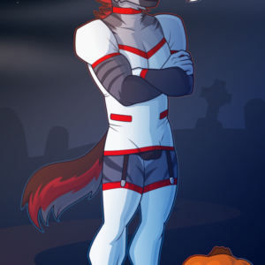 An anthro striped hyena stands in front of a spooky graveyard backdrop, complete with a full moon and flying bats. He's crossing his arms in annoyance and saying "you happy now?" while wearing a slightly-too-small sexy nurse costume. A nearby jackolantern watches with a smug expression.