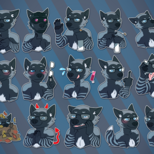 A collection of small portraits of an anthropomorphic silver fox. They depict him threateningly loading a gun; giving a thumbs up while wearing night vision goggles; holding a bottle of vodka and holding up one hand; flicking the cap off the bottle of vodka; chugging from the bottle of vodka; blushing and holding a glass of wine; blushing and taking off his glasses; licking his lips suggestively; giving a middle finger; yawning; hiding in a pile of leaves; rubbing his hands together evilly; running his hands down his face in exasperation; blushing shyly; and glaring suspiciously