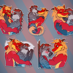 A collection of small illustrations of an anthropomorphic eastern dragon and hyena. The two are kissing one another; kissing each other as the dragon lifts up the hyena; hugging each other; cuddling while asleep; and blushing as the dragon pins the hyena against a wall