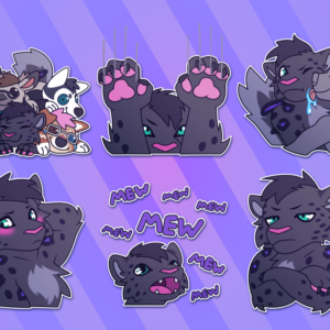 A collection of small illustrations of an anthropomorphic snow leopard. They are lying under a pile of plushies; scratching their claws down the fourth wall; being slobbered on by another character; blushing and looking away; meowing incessantly; and crossing their arms with a grumpy expression