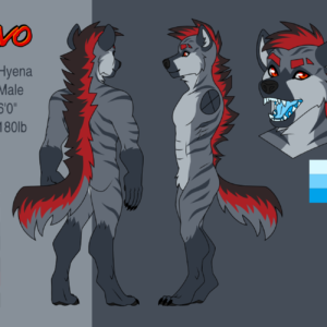 A reference sheet of a gray and red striped hyena showing him from the front, back, and side, as well as in black pants, gloves, and a turtleneck, and with a view of his maw showing his blue tongue and gums