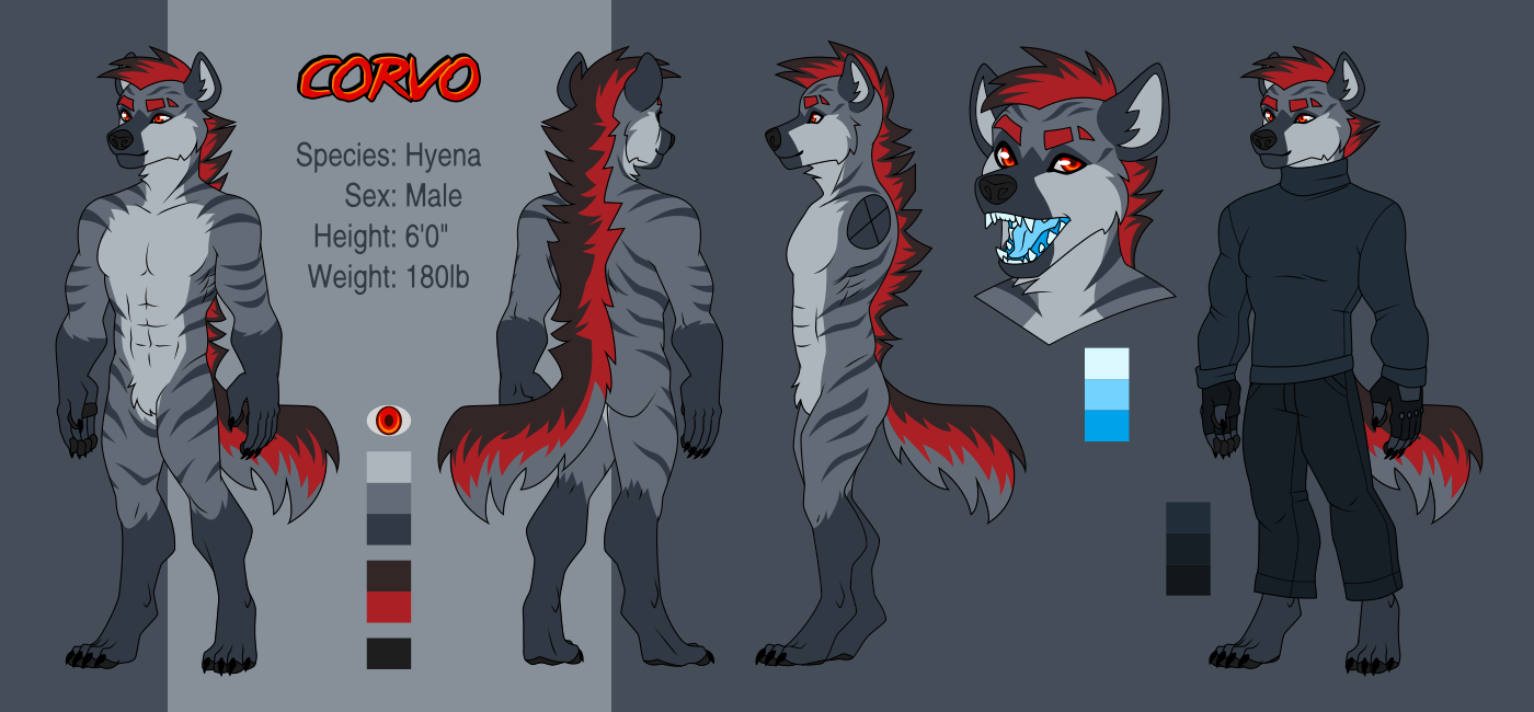 A reference sheet of a gray and red striped hyena showing him from the front, back, and side, as well as in black pants, gloves, and a turtleneck, and with a view of his maw showing his blue tongue and gums