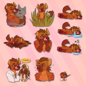 A collection of small illustrations of an anthropomorphic hyena with missing pinky fingers and asymmetrical facial scars. He hugs another character; is hiding behind tall grass; is lying on the floor either sticking his tongue out, crying, or sleeping and drooling; blushing with his hands up to his face; lying in a puddle of mud; holding a plushie of a bird character and saying "chirp!"; looking dazed and half-awake; and standing in the distance holding a sparking wand in his mouth