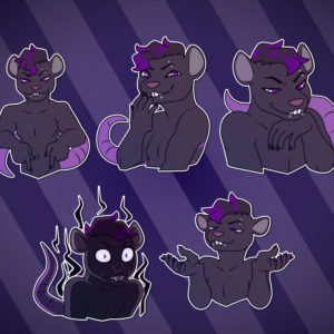 A collection of small illustrations of an anthropomorphic rat. He is suggestively pointing at his lower region; grinning sneakily; looking down menacingly while resting his chin on his hand; staring evilly and intensely; and shrugging smugly