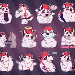 A collection of small illustrations of an anthropomorphic wolf. He pounces on another character; blushes while holding boxers in his teeth; shows off his underwear and booty; blushes while saying 'huff'; blushes with a nosebleed; blushes as another character presses his face into their lower region; pets another character on the head; boops another character's nose with his; looks innocent with a halo above his head; ugly-cries; looks villainous while steepling his fingers and saying 'good, good'; blushes while wearing a leash; sweats nervously; laughs extremely hard; shrugs; grumpily says 'hmf' with his back turned; wags his tail; and seductively beckons