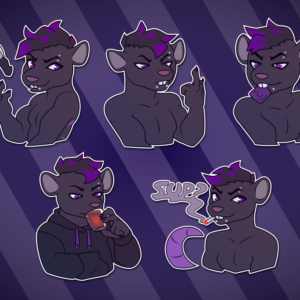 A collection of small illustrations of an anthropomorphic rat. He casually tosses a knife in the air; displays a middle finger; stares confidently with a condom in his teeth; drinks from a shot glass; and smirks as the smoke from his cigarette spells "'sup?"