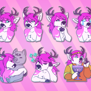 A collection of small portraits of an anthropomorphic deer. She is waving; winking with her tongue out; looking sinister; thinking with a doubtful expression; ugly-crying; blushing nervously; panicking as a crosshair aims at her; hugging another character; dozing off; and dressed in the style of two CD-i Zelda memes