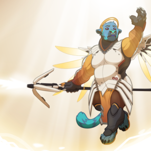 An illustration of a burly anthropomorphic tiger wearing the outfit and using the staff of the Overwatch character Mercy as light shines down on him