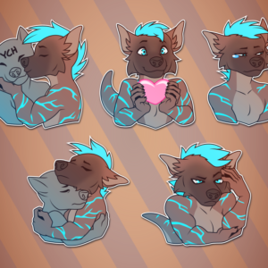 A collection of small illustrations of an anthropomorphic otter/hyena hybrid. He kisses another character; holds up a big heart symbol while smiling; looks off to the side with tears in his eyes; solemnly hugs another character; and stares forward with a disgruntled expression
