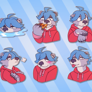 A collection of small illustrations of an anthropomorphic otter wearing a hoodie. He makes a "poggers" face; lurks below the surface of some water; eats a slice of pizza; nervously rubs his large paws together; thinks very hard, struggling to process information; lies passed out on the floor; crosses his arms and harrumphs; blushes shyly; sticks his tongue out; and smirks slyly with a paw on his cheek