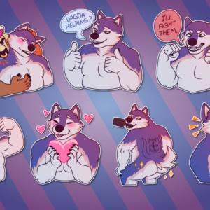 A collection of small illustrations of a buff anthropomorphic husky. In them: he receives a bite on the neck from his partner; offers two thumbs up while asking "Dagda helping?", knowing he is not, in fact, helping; raises his fists while stating "I'll fight them."; flexes his biceps and winking; holds up a heart while smiling; shows his butt to the viewer while holding a paddle in his mouth; and barks excitedly