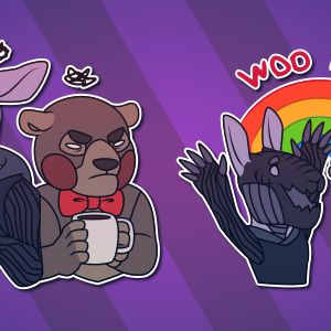 A pair of small illustrations of hare-like monster and an anthropomorphic teddy bear. The first shows them looking grumpy and tired while each is holding a cup of coffee, and the second shows them celebrating beneath a rainbow