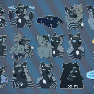 A collection of small portraits of an anthro silver fox. In them, he looks annoyed and says "that's fucking gay"; throws up his hands and says "well, fuck"; appears squished and low-quality, as in the "wide putin" meme; happily hugs another character; cuddles with another character while sleeping; slaps another character across the face; grabs another character's privates from behind; pats another character on the head; blushes as blood trickles from his nose; smiles confidently while adjusting his glasses; arrests and excited-looking character while dressed as a "horny police" officer; holds his hand up disapprovingly as in the "Drake no/yes" meme; smiles and wags a finger approvingly as in the "Drake no/yes" meme; wears a dark cloak while grinning evilly and saying "DO IT!"; and angrily shouts "give me your cum!"