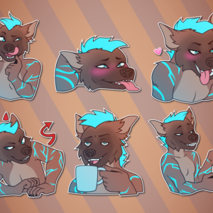 A collection of small illustrations of an anthropomorphic otter/hyena hybrid. He glances to the side while grinning mischievously and licking his chops; lies on the floor with his tongue out, looking dazed; leans forward intensely, blushing with his tongue hanging out; leans forward with a sneaky expression with devil horns over his head; smirks while holding a cup of coffee; and grins while pointing with both hands.