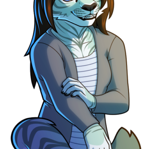 A vector half-body illustration of an anthropomorphic jade-green tiger. She smiles politely, framed by her fluffy tail