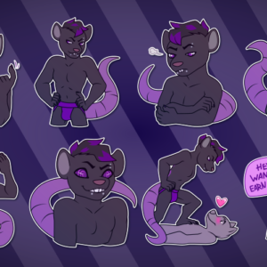 A collection of small illustrations of an anthropomorphic rat. He beckons while holding a set of handcuffs; poses confidently while wearing a jockstrap; crosses his arms while looking disappointed; leans forward, enraged; stands with arms raised wearing only a giftbox on his nethers; grins with swirling hypnotic eyes; stands over another blushing character, with his foot on their chest; and smirks while asking "hey, wanna earn $20?"