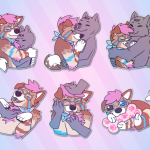 A collection of small portraits of an anthropomorphic dog. In them, they hug a shorter character; hug a slightly taller character; bury their face in another character's chest fur; receive pets from another character; receive multiple pets from other characters; and, as a plushie, chew on a soft bone-shaped plushie