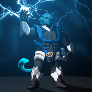 An illustration of a burly anthropomorphic tiger wearing the outfit of Power Rangers character Psycho Blue Ranger. He has a sinister and smug expression and holds up a ball of lightning in his hand.