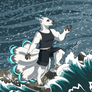 An illustration of an anthropomorphic kitsune/wolf hybrid. She stands on a rocky shore during a snowstorm, enjoying the icy wind and seaspray. The ends of her tails glow with frost magic
