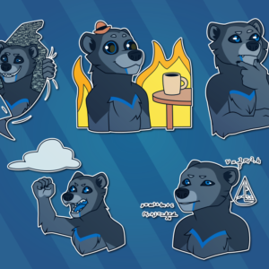 A collection of small portraits of an anthropomorphic pine marten. They feature him peering out of the fabric of reality with static behind him, similar to the "life has many doors, Ed-boy!" meme; sitting with a blank smile at a table with flames burning in the background, similar to the "this is fine" meme; looking off to the side deep in thought with a puzzled expression; yelling and shaking his fist at a cloud, much like the "old man yells at cloud" meme; and looking consternated with math equations floating around him, as in the "confused math lady" meme.