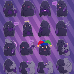 A collection of small portraits of an anthropomorphic cat-rabbit hybrid. In them, they smile while giving two thumbs-up; blush awkwardly while looking to the side; smile and make a heart shape with their fingers; wink while saying "hey!"; cover their mouth with one paw and giggle "hehe!"; look up with wide, innocent eyes, a smile, and a halo above them; peer to the side and scratch their chin in thought; glare over their shoulder with a face of disgusted confusion; purr while another character's hand pets their head; wave their hand dismissively and say "nah"; make a goofy smiling expression while wearing a colorful jester's hat; playfully bite another character's ear; hug another character; kiss another character on the lips; boop noses with another character; and cuddle with another character.