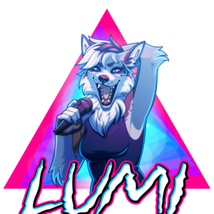 A halfbody badge illustration of an anthropomorphic marbled fox. She's smiling confidently and singing into a microphone. Below her is the name "Lumi"