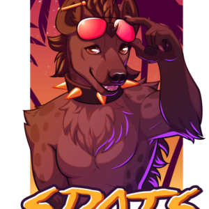 A halfbody badge illustration of an anthropomorphic spotted hyena. He stands before a sunset and lifts his shades to look at the viewer. Below him is the name "Spots"