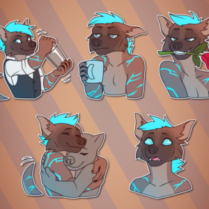 A collection of Telegram stickers of an anthro otter/hyena hybrid. He shakes an alcohol shaker while dressed like a classy bartender; looks tired and annoyed while holding a coffee cup; holds a red rose in his mouth while looking flirty; cheerfully hugs another character while wagging his tail; and looks forward blankly with swirling hypnotized eyes.