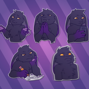 A collection of Telegram stickers of an anthro cat/rabbit hybrid. They shrug smugly; rub their hands together with a sneaky expression; stare blankly at their phone; write an essay while looking bored; and vibrates furiously.