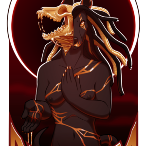 A vector badge illustration of an anthro black jackal. Her body features multiple cracks filled in with molten gold, and half of her head splits away to reveal a solid golden skull dripping with gold. She has one hand on her chest, and the other points downward. Behind her is an eclipse and below her is the name "Aurum"
