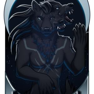 A vector badge illustration of a dark anthro wolf with striped markings and long hair. Their face splits into multiple malleable faces that bark and snarl while their main face looks forward stoically. They have one hand on their abdomen while the other points upward. Behind them is a crescent moon and below is the name "Hati"