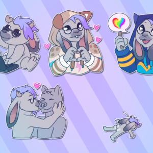 A collection of Telegram stickers of an anthro jackalope. In them, they appear as a plushie slapping a laptop keyboard; make a heart shape with their paws while wearing a dog hoodie; hold up a speech bubble sign with a flaming rainbow heart in it while wearing a dragon hoodie; kisses another character on the cheek; and appears at a distance, fallen on the floor.