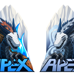 Two mirrored vector badge illustrations of a feathery dragon in front of a snowy mountain. Below her is the name "Apex". The version on the left sports orange-brown and black feathers and has blue flames behind her, and the version on the right has silver and black feathers and swirling frost behind her.