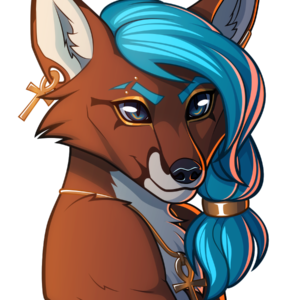 A portrait of an anthro kitsune with blue hair and red fur, smiling almost seductively. He wears gold jewelry and has makeup or markings reminiscent of ancient Egyptian styles.