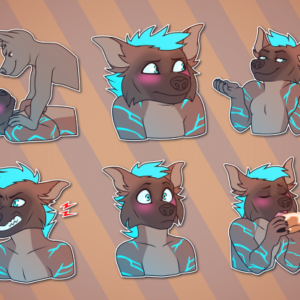 A collection of Telegram stickers of an anthropomorphic otter/hyena hybrid: looking over his shoulder with a suggestive expression; blushing while being pinned to the floor by another character; blushing awkwardly and uncomfortably; shrugging smugly; asking "walk?" with large, pleading eyes and holding a collar in his mouth; scratching his chin in utter confusion; snarling angrily; blushing and looking surprised; suggestively licking a donut; and leaning forward in a flirty manner, clearly intoxicated.