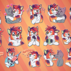 A collection of Telegram stickers of an anthro fox/wolf hybrid. In them, he smiles happily while holding his paws up to his cheeks; hugs another character; laughs heartily; licks another character on the cheek; blushes with a flirty wink and one arm behind his head; leans forward, blushing with his tongue out; stares up in awe and amazement; deviously rubs his paws together; holds a coffee mug while looking tired and grumpy; holds out his hands toward another character surrounded by blue sparkles, as "+69 HP" appears above their head; holds a coffee mug while matter-of-factly saying "morning"; smiles aggressively and holds up an enormous syringe that says "anti-horny" on the label; howls "awooooo" followed by a small "yip!"; boops noses with another character; and confidently flexes one of his biceps.