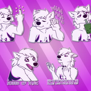 A collection of Telegram stickers of an anthro white wolf. In them, he smiles happily while holding up a middle finger; holds a hand up to his hear while enjoying distant "waaaaaa" crying; looks bored while sipping boba tea; yells and looks terrified with the text "noises of panic"; and holds up his hands while looking unimpressed and saying "God why did you put me on the planet with people like this".