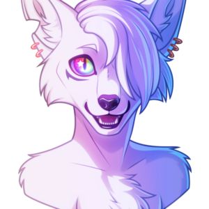 A portrait of a white fox with multiple earrings and long white hair covering half their face. They have rainbow eyes with a dark marking under it