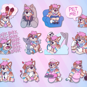 A collection of Telegram stickers of an anthro dog. In them, they think about paws; wear a jackalope hoodie; sit in a comfy chair while reading a book; shout "pet me!"; bark incessantly; appear as a jumbo-sized plushie being lifted up by another character; wash themself in the shower; carefully paint a miniature; look up innocently with a halo above them; rub their hands together menacingly while sporting devil horns and a tail; wear an apron and chef's hat while proudly holding a sheet pan of cookies; and wear an apron while using a feather duster.