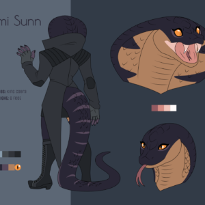 A reference sheet for an anthro king cobra named Kisumi Sunn. She stands 6 feet tall, has orange eyes, and wears a dark jacket, fingerless gloves, a short black skirt, and knee-length heeled boots. She's shown hissing, showing her fangs and flaring her hood, and relaxed with her hood retracted and forked tongue sticking out. She's also depicted without clothes, showing her tan and dark purple markings with lighter purple stripes on her arms and tail.